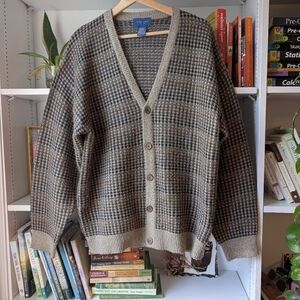 Towncraft Men's Knit Cardigan Sweater Brown Cream Sz Large Grandpa Indie Grunge